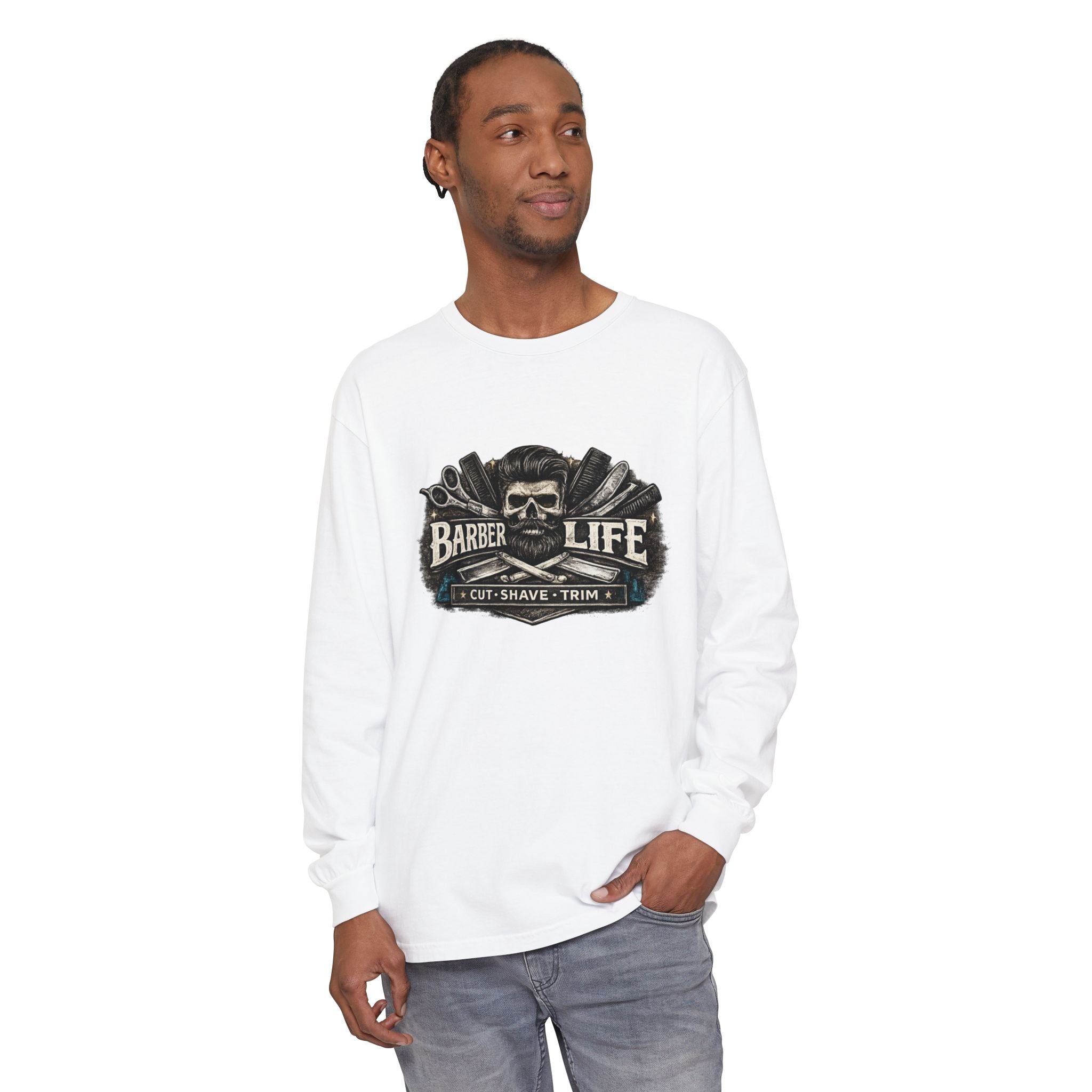 Barber Life Long Sleeve T-Shirt — Vintage Barber Shop Graphic