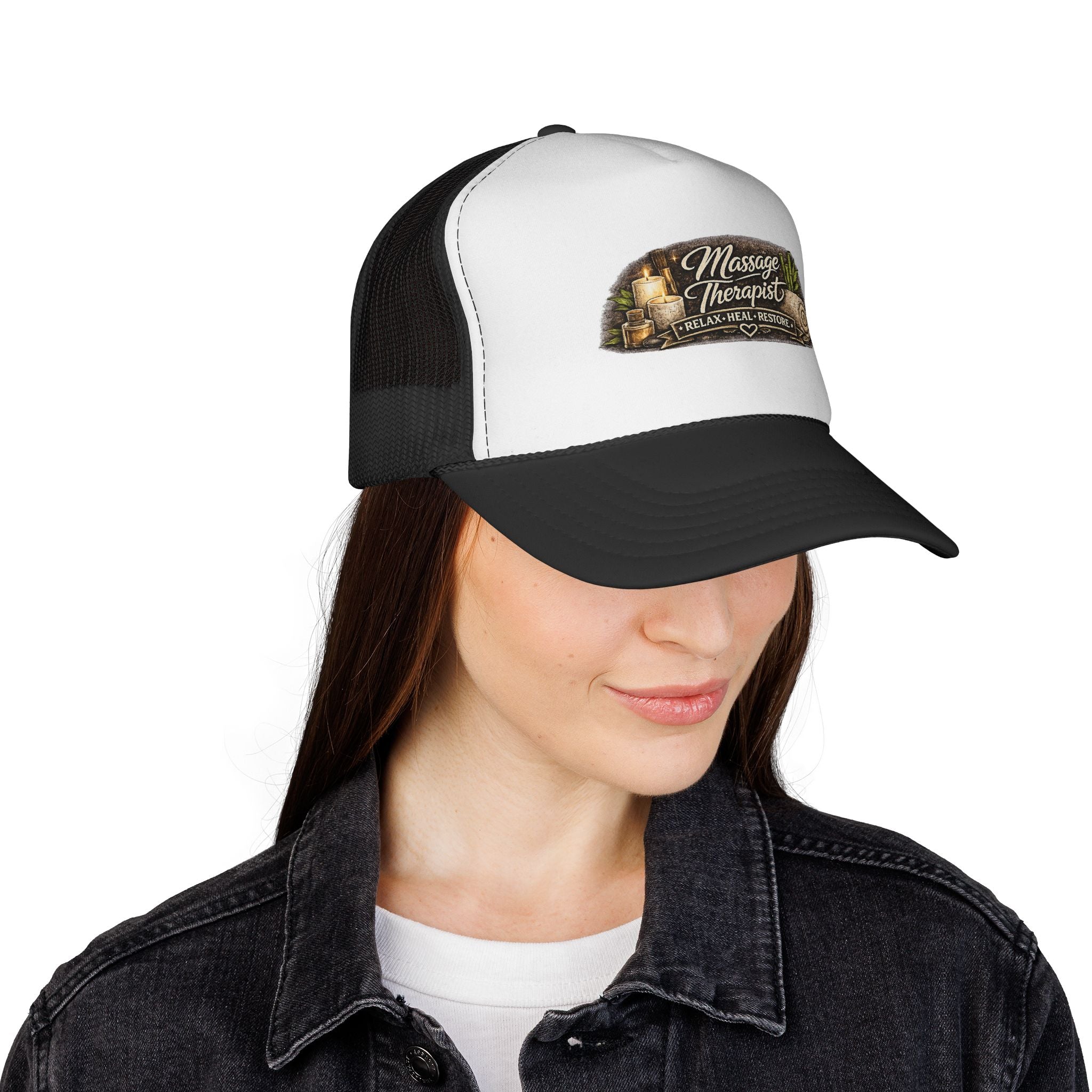 Massage Therapist Trucker Hat — "Relax • Heal • Restore" Mesh Cap for Spa Professionals