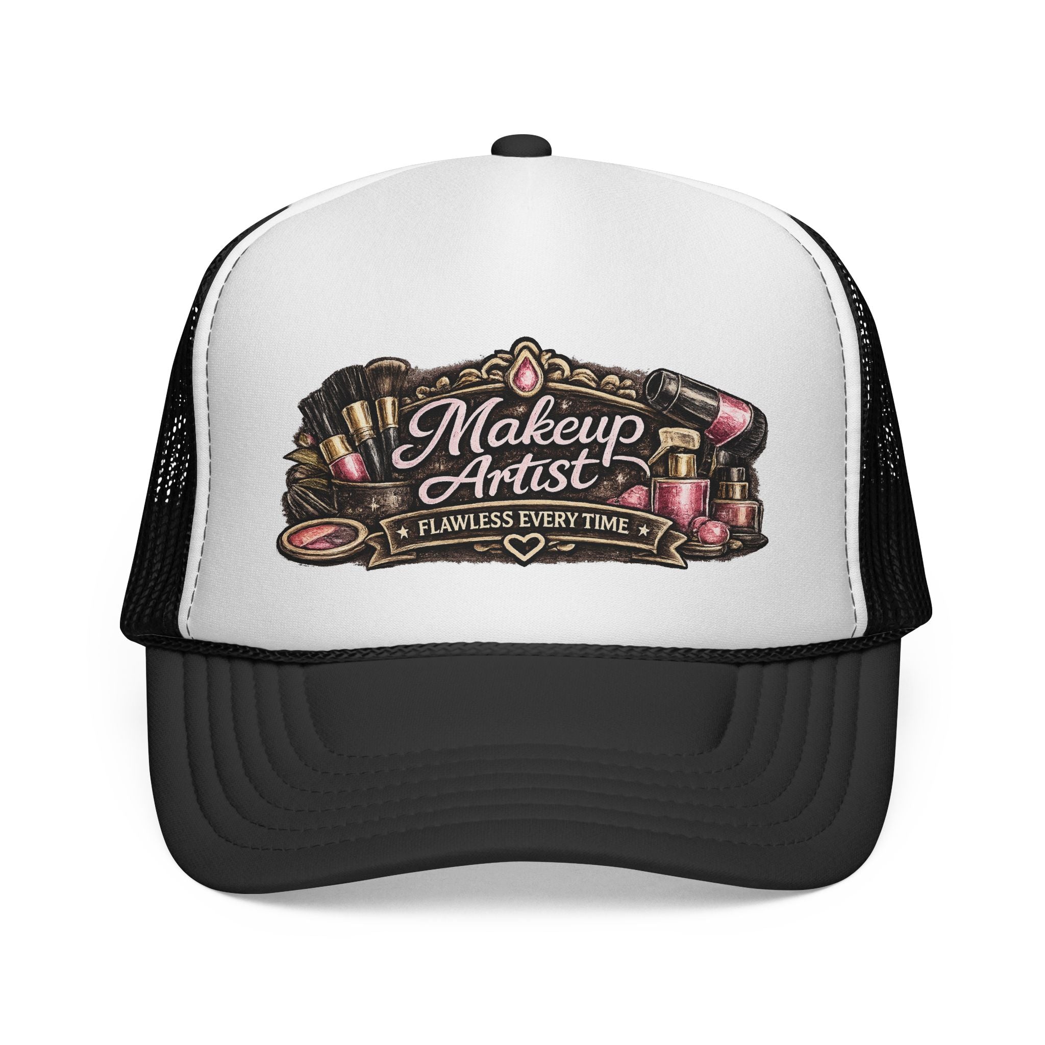 Makeup Artist Trucker Cap — 'Flawless Every Time' Retro Cosmetic Logo Hat