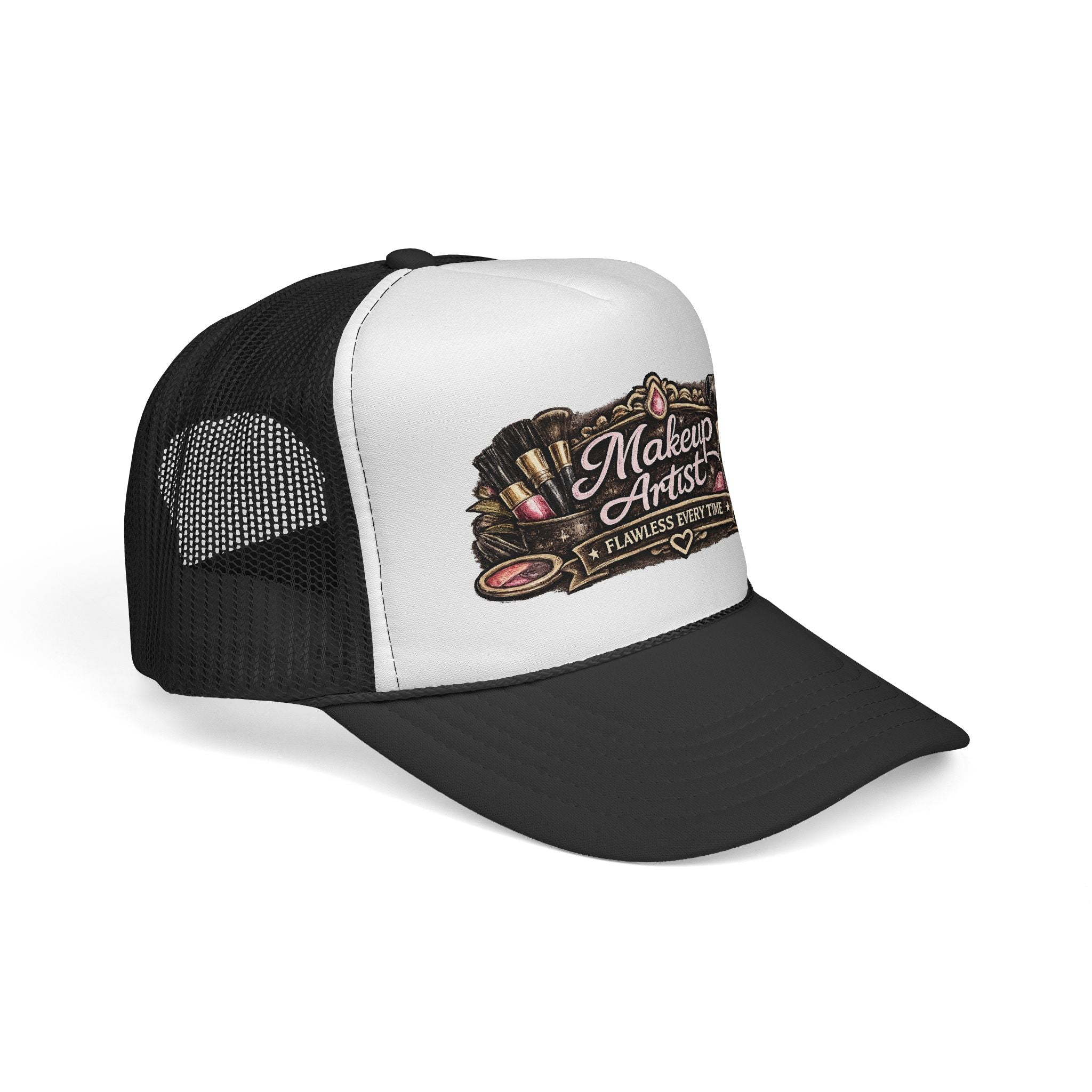 Makeup Artist Trucker Cap — 'Flawless Every Time' Retro Cosmetic Logo Hat