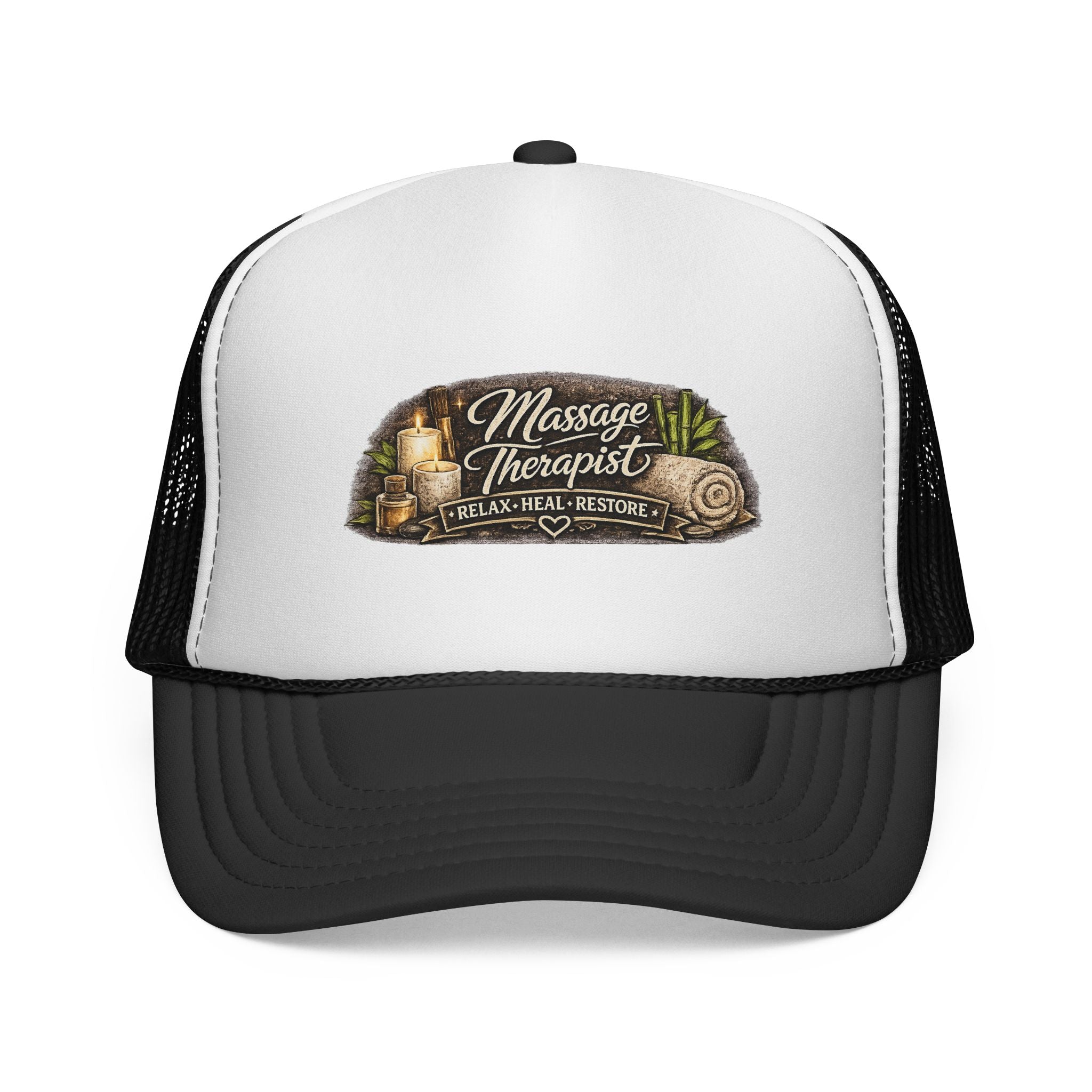 Massage Therapist Trucker Hat — "Relax • Heal • Restore" Mesh Cap for Spa Professionals