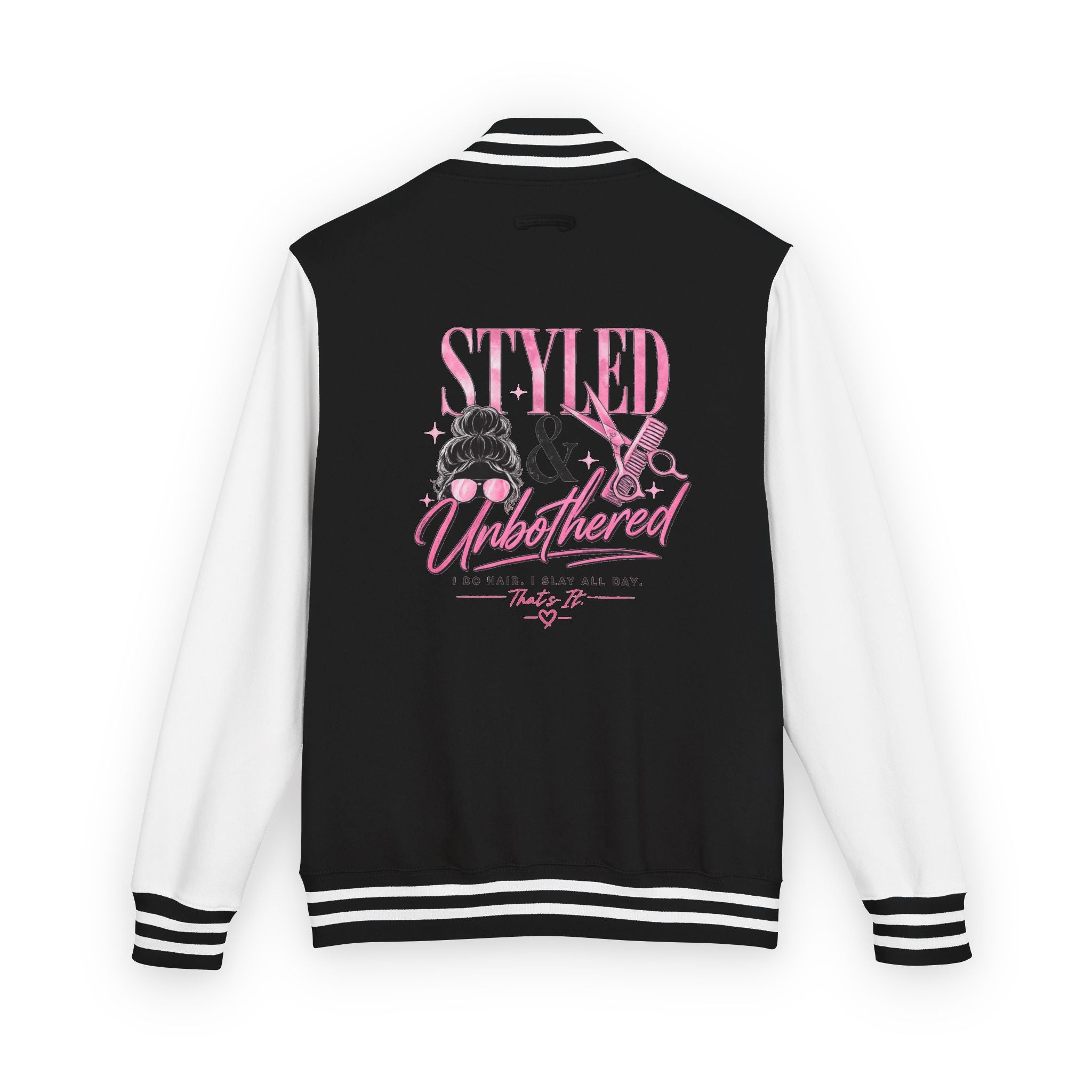 Letterman Jacket — "Styled & Unbothered" Pink Salon Barber Design