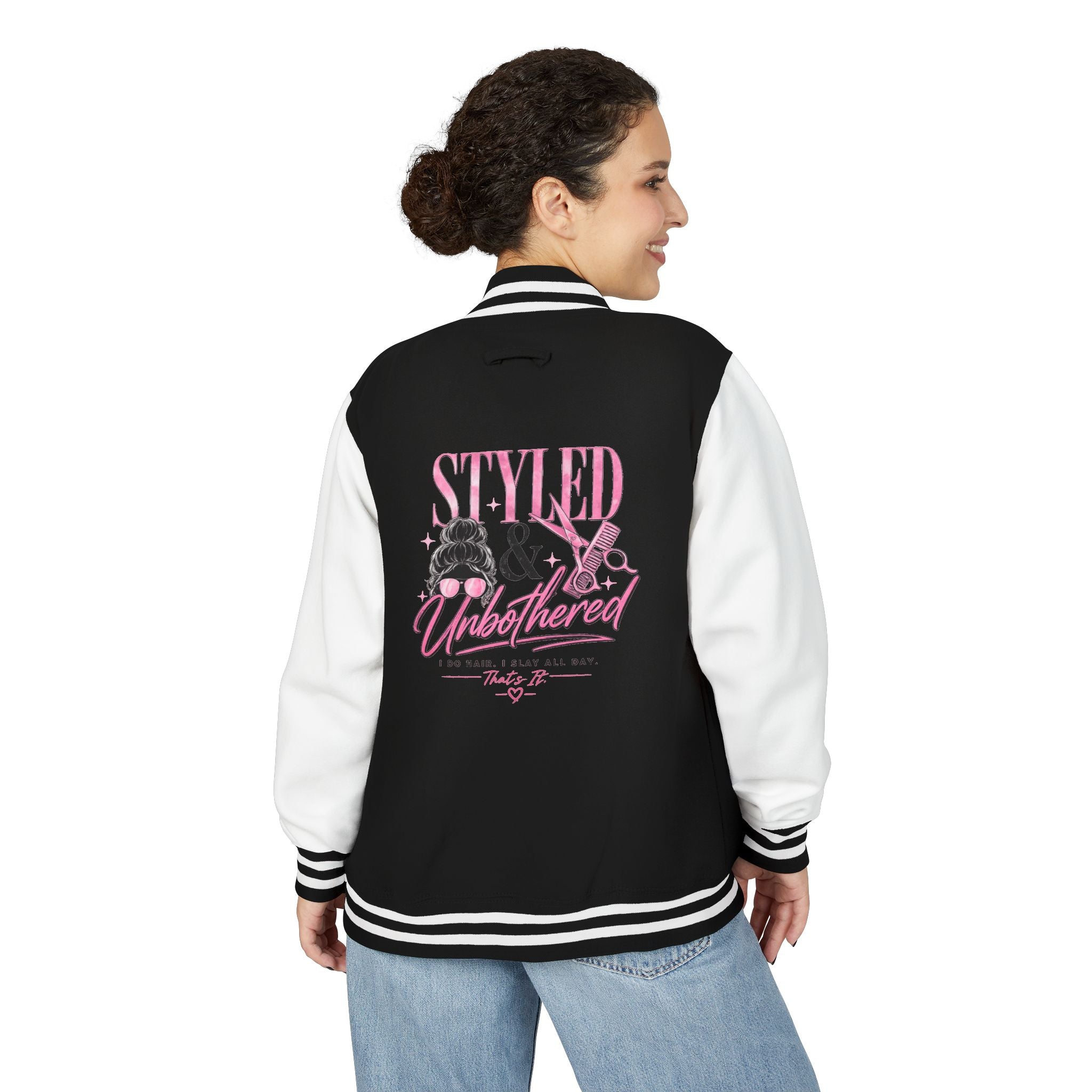 Letterman Jacket — "Styled & Unbothered" Pink Salon Barber Design