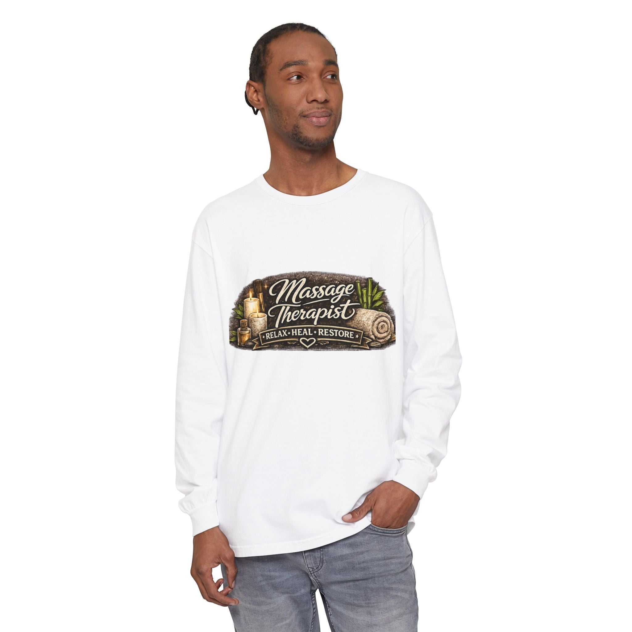 Massage Therapist Long Sleeve T-Shirt — Relax Heal Restore Graphic Tee