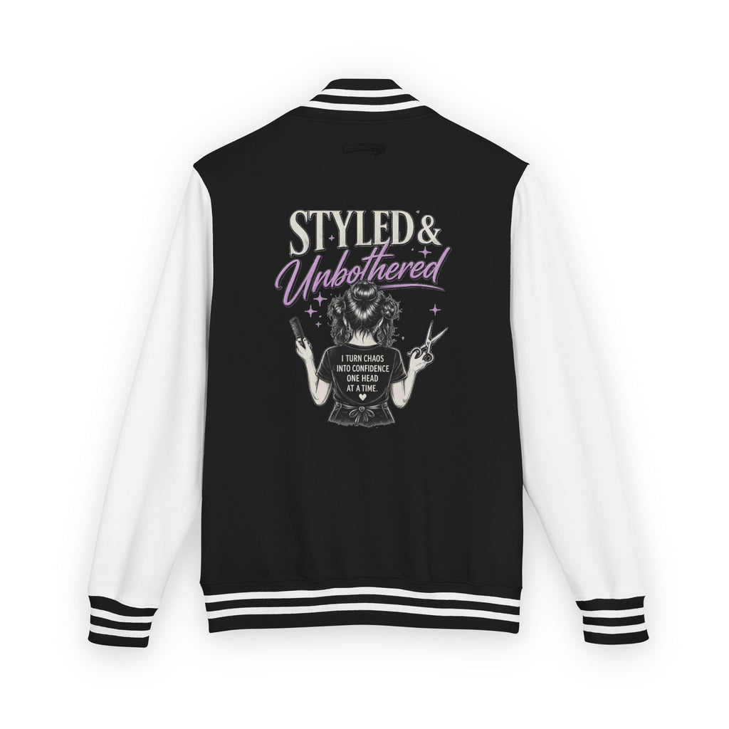 Letterman Jacket — "Styled & Unbothered" Graphic Back Patch