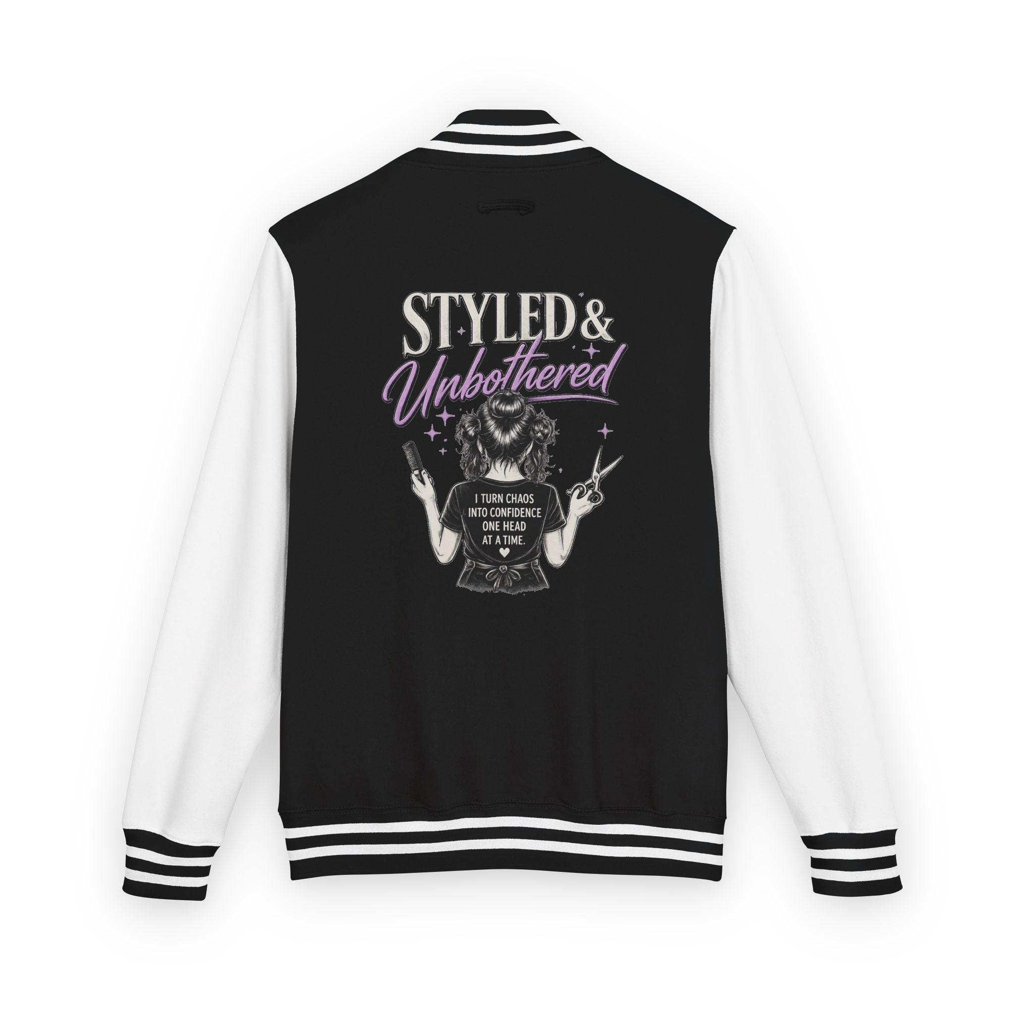 Letterman Jacket — "Styled & Unbothered" Graphic Back Patch