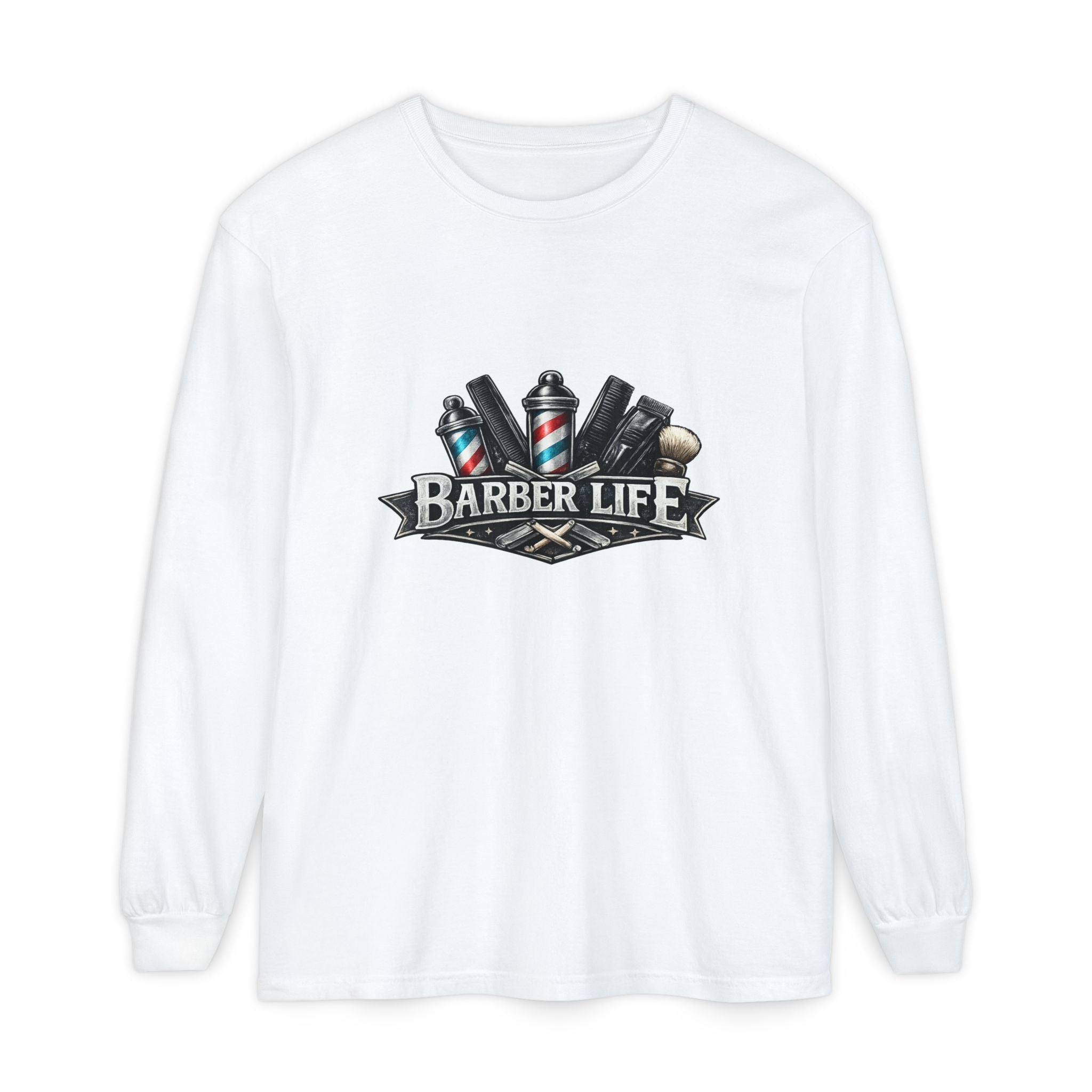 Barber Life Long Sleeve Tee — Barber Tools Graphic Shirt