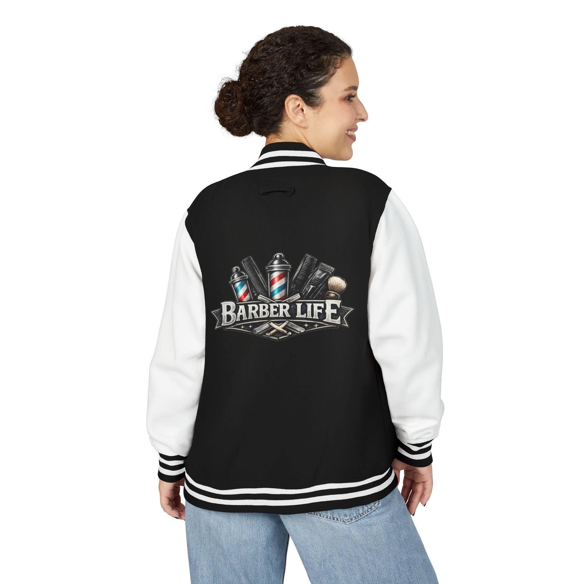 Letterman Jacket — "Barber Life" Vintage Barber Tools Logo