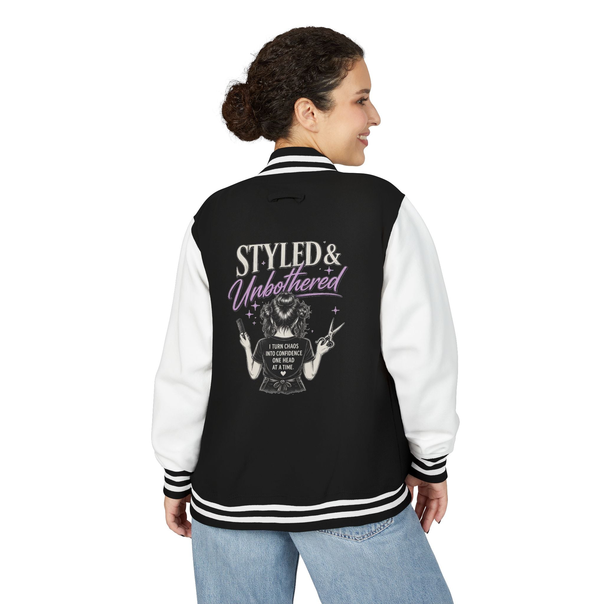 Letterman Jacket — "Styled & Unbothered" Graphic Back Patch