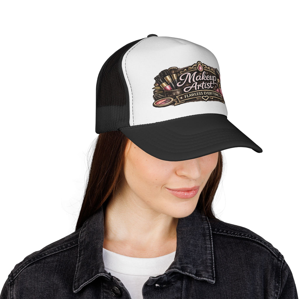 Makeup Artist Trucker Cap — 'Flawless Every Time' Retro Cosmetic Logo Hat