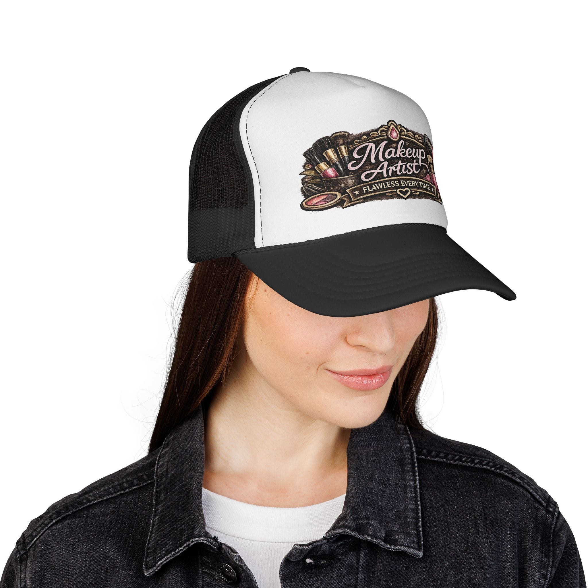 Makeup Artist Trucker Cap — 'Flawless Every Time' Retro Cosmetic Logo Hat
